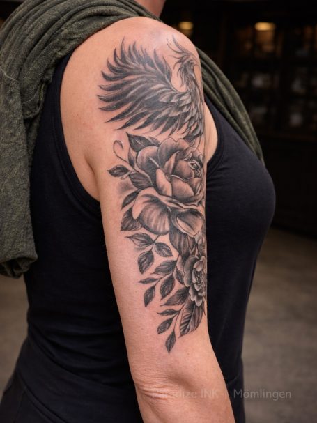 Tattoo auf dem Oberarm mit einem Phönix und Rosenmotiven in Schwarz und Grau.