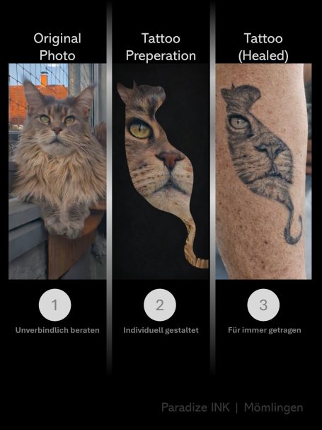Drei Schritte eines Tattoos: Originalfoto, Vorbereitung und fertiges Tattoo am Arm.
