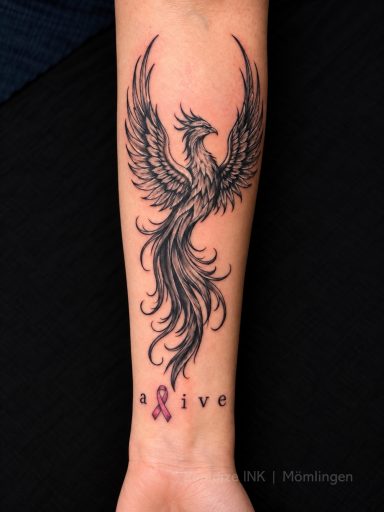 Phoenix Tattoo mit feinen Linien am Unterarm