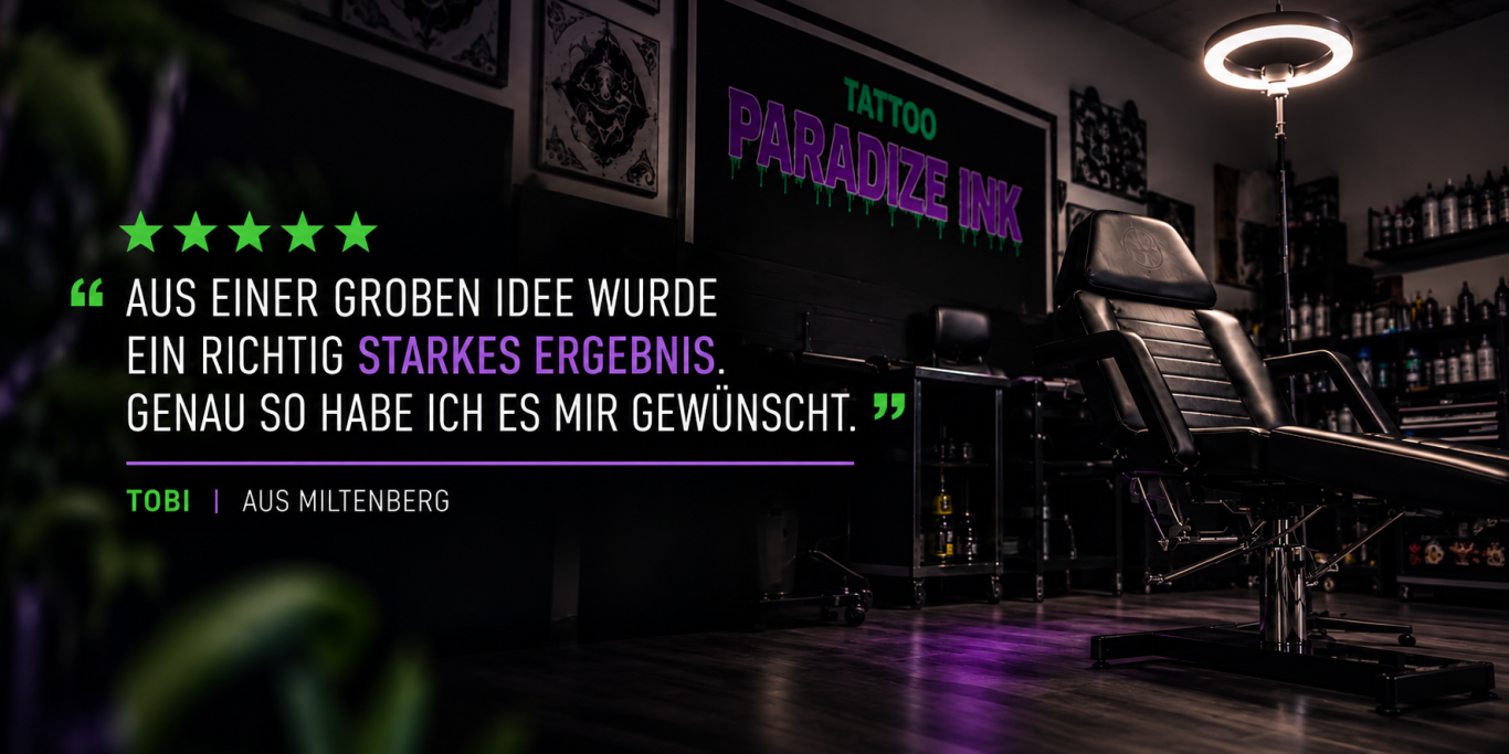 Tattoo Kundenbewertung – Paradize INK Kundenfeedback zu einem Tattoo bei Paradize INK in Mömlingen