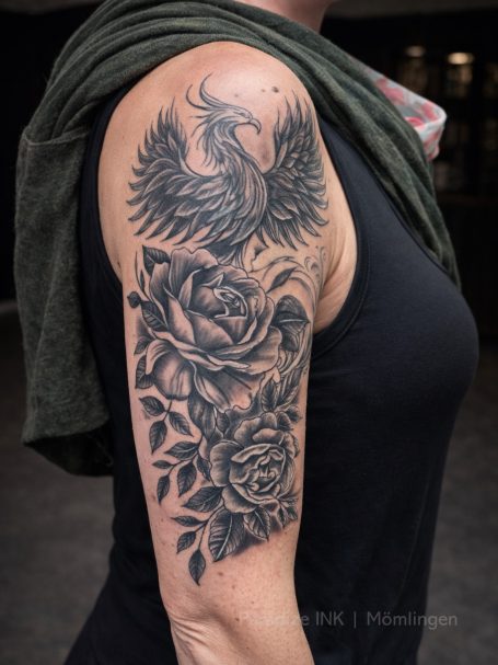 Tattoo eines Phönix und Rosen auf dem Oberarm einer Person.