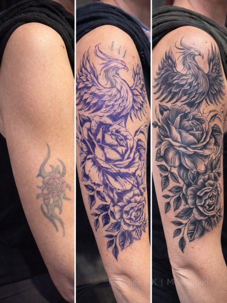 Drei Tattoo-Phasen: Skizze, flammenumgebenem Phönix und detaillierten Rosen.