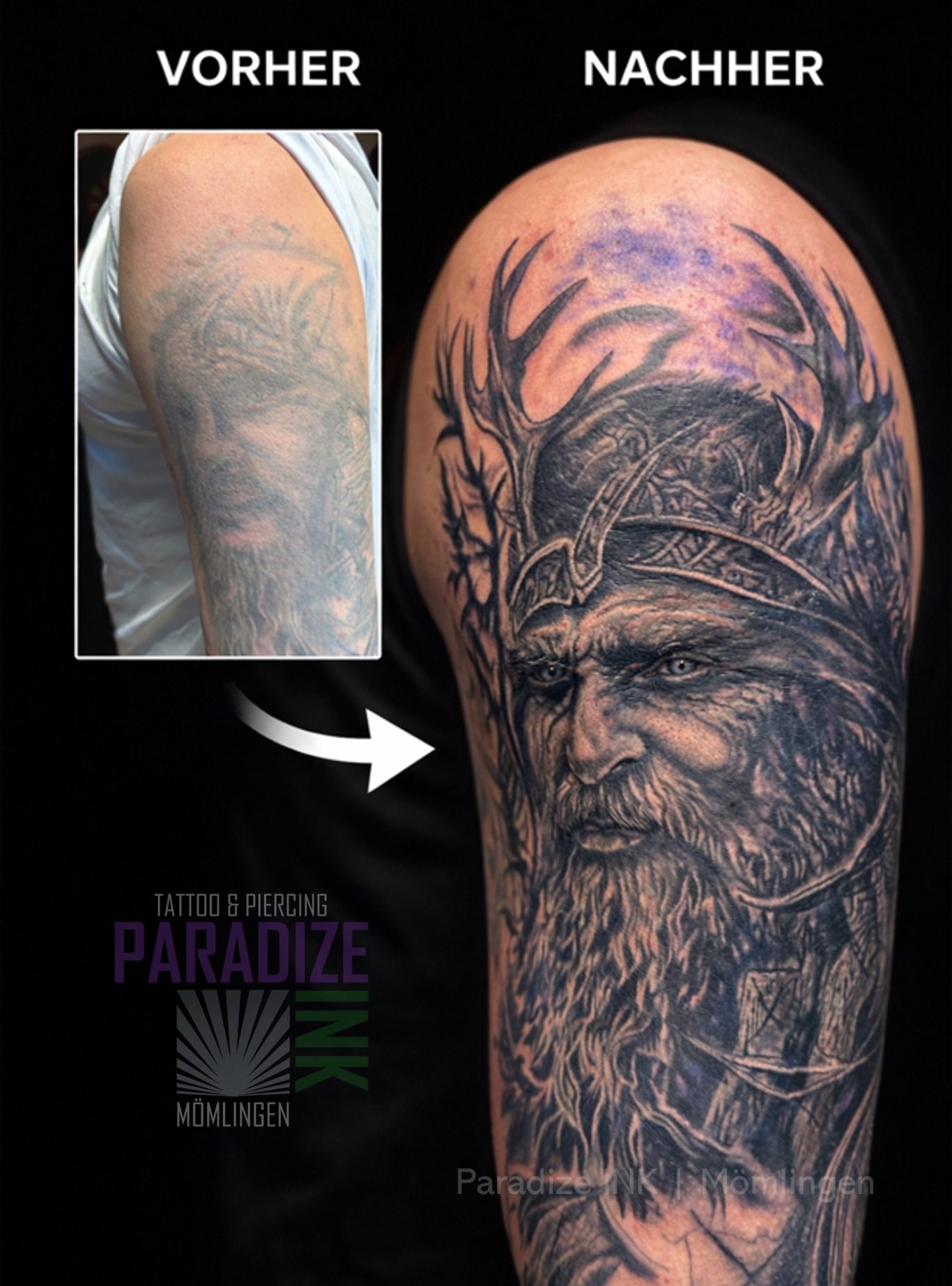 Paradize INK Tattoo Mömlingen Tattoo-Vergleich: Vorher zeigt ein farbigen Entwurf, nachher detailreiche Schwarz-Weiß-Darstellung.