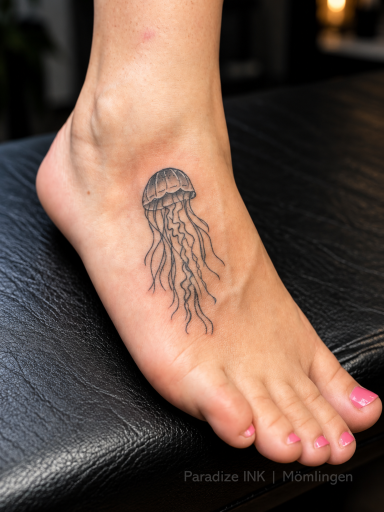 Fine Line Quallen Tattoo auf dem Fuß