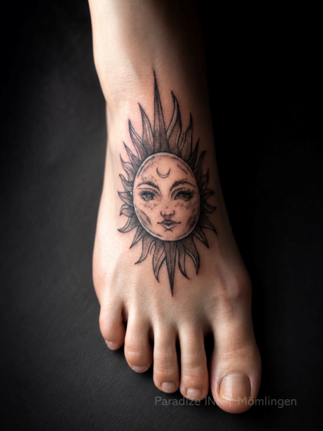 Tattoo Paradize INK Mömlingen Tattoo eines lächelnden Gesichts innerhalb einer Sonnenstrahlen-Umrandung auf einem Fuß. Paradize INK Mömlingen
